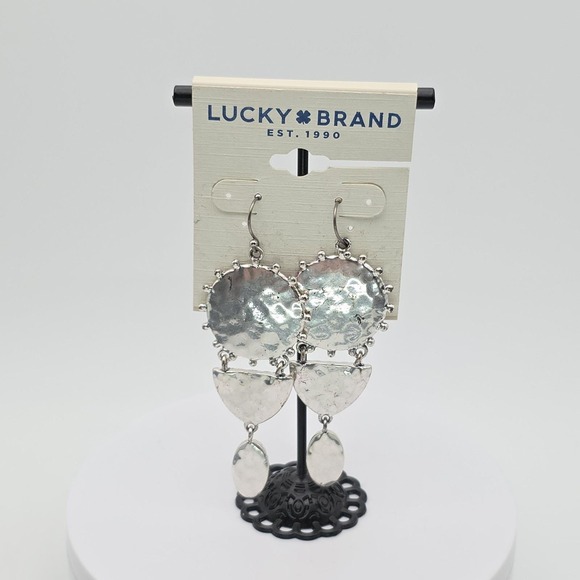 New! LUCKY BRAND Daring Earrings Concentric Disc Silver Tone Dangle Drop 3.25" - Picture 4 of 8